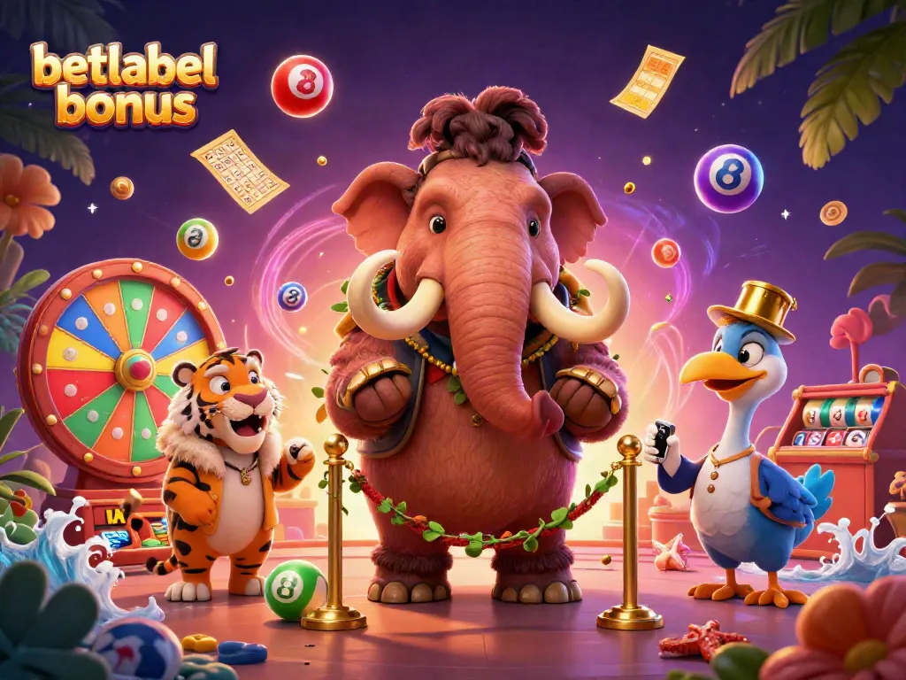 Experience the betlabel bonus with a vibrant casino scene featuring dynamic lottery elements and cartoon animals.