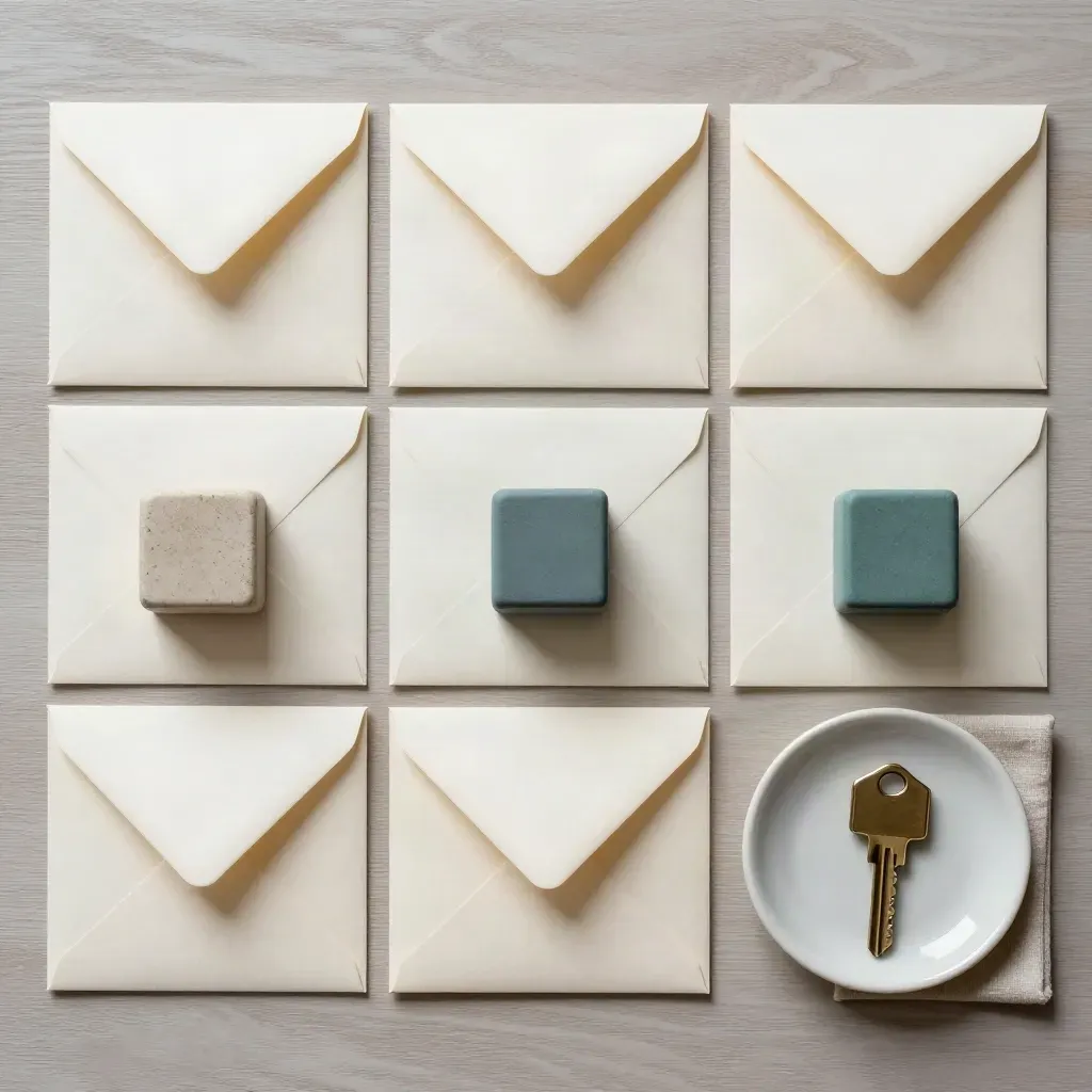 Buste, cubi e chiave in flat lay dall’alto su legno chiaro, luce mattutina calda.