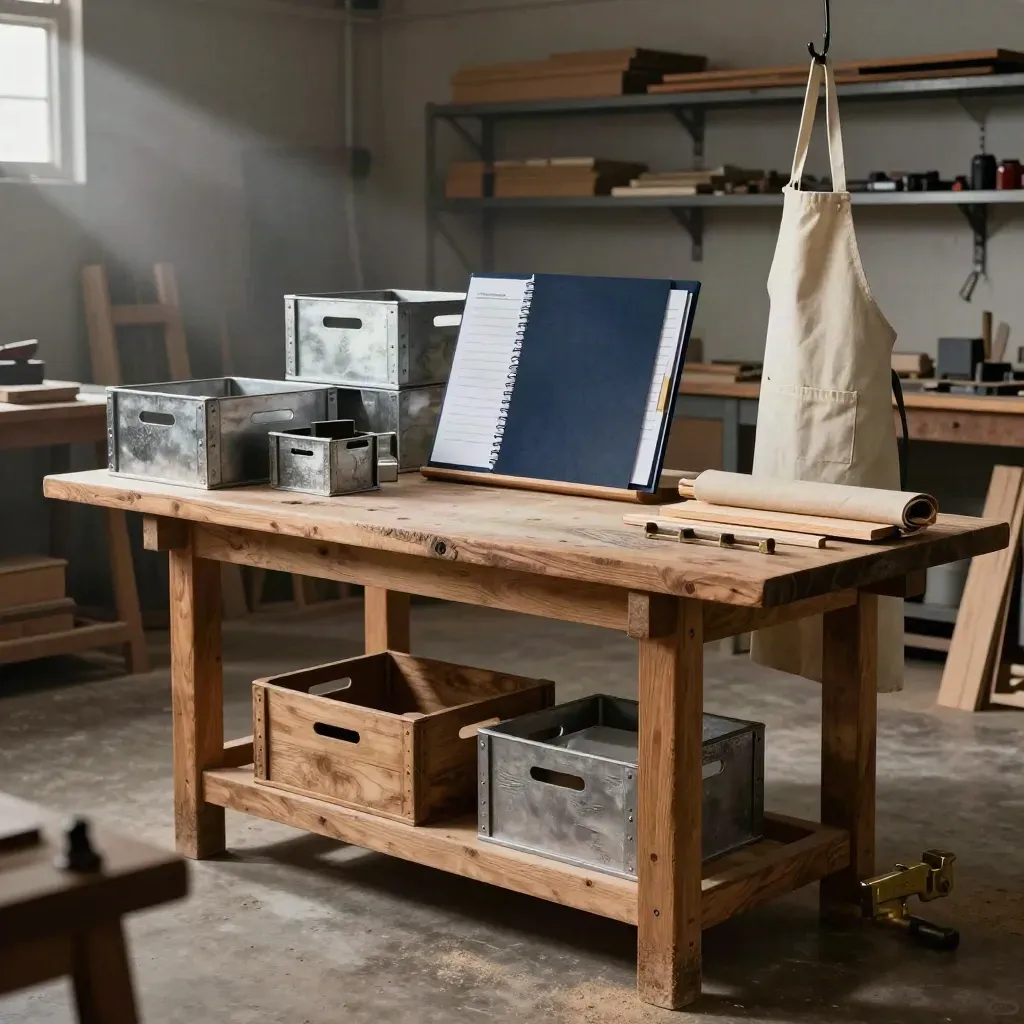 Banco di lavoro artigiano con casse di forniture e cartella finanziaria chiusa in officina silenziosa.