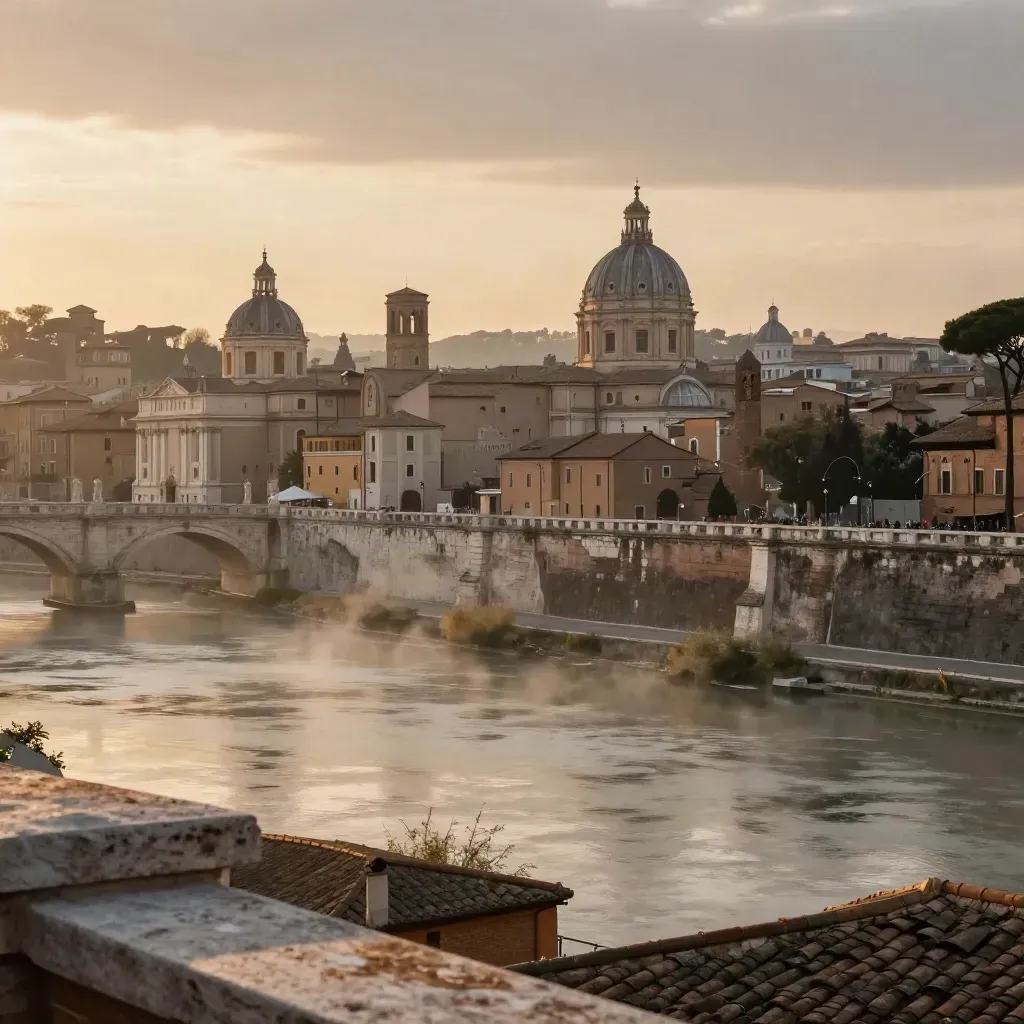 Panorama di Roma nel Lazio con cupole alte e foschia morbida sul Tevere al tramonto.