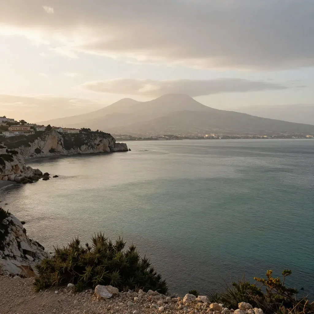 Veduta della Baia di Napoli con il Vesuvio in alto e mare calmo.